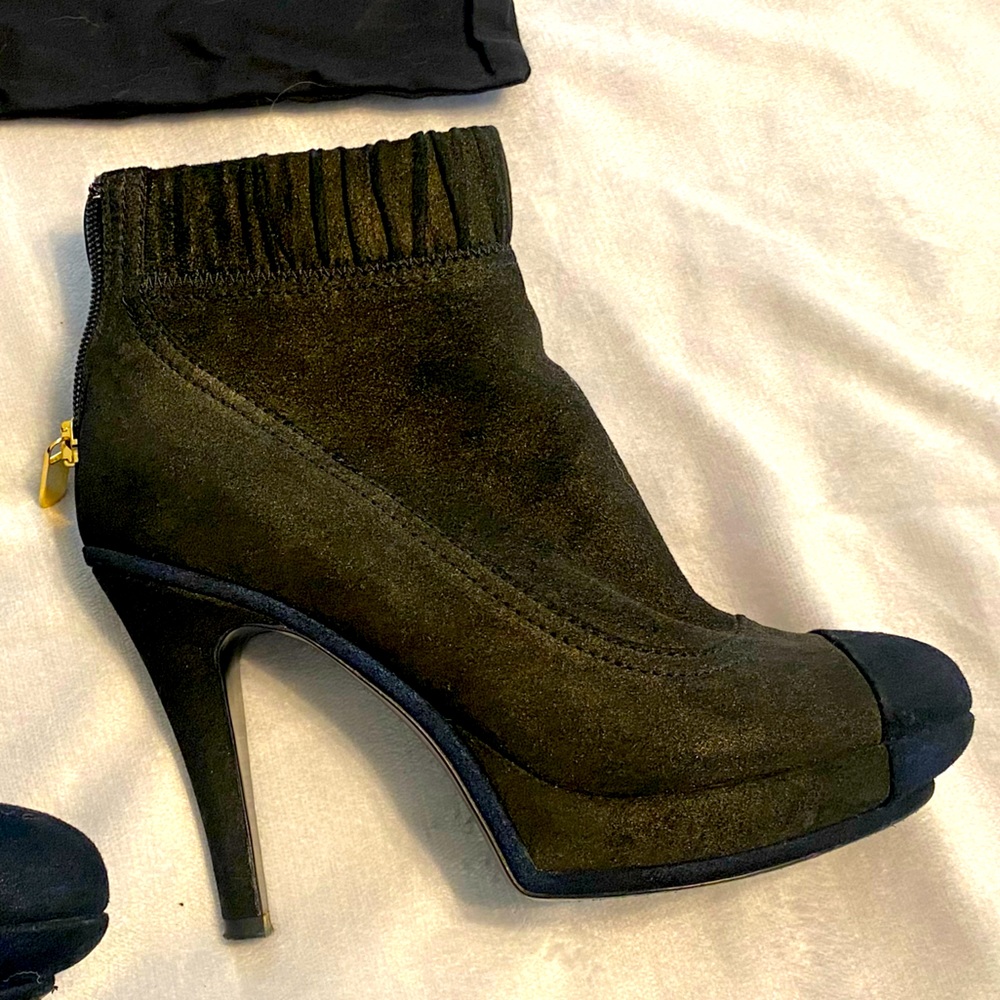 Chanel platform booties. Black with blue/ gold accents.